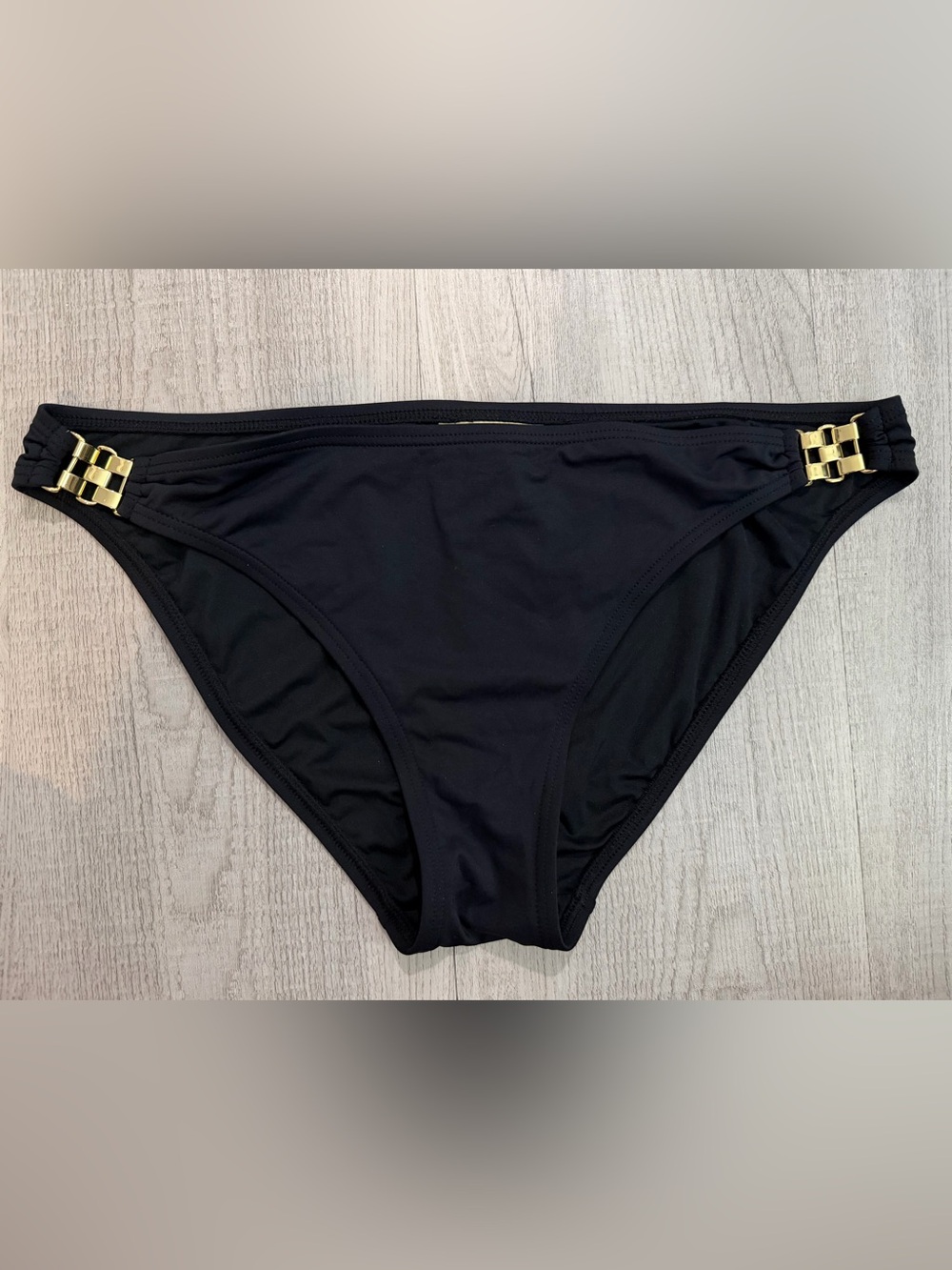 EUC Michael Kors Black w/Gold-tone metal accents Bikini Bottoms. Size L.